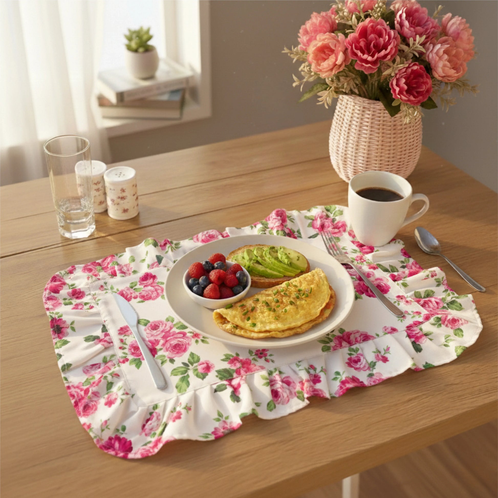 Breakfast plate with omelet and berries on a ruffled floral placemat, coffee mug, and pink flowers on a wooden table.
