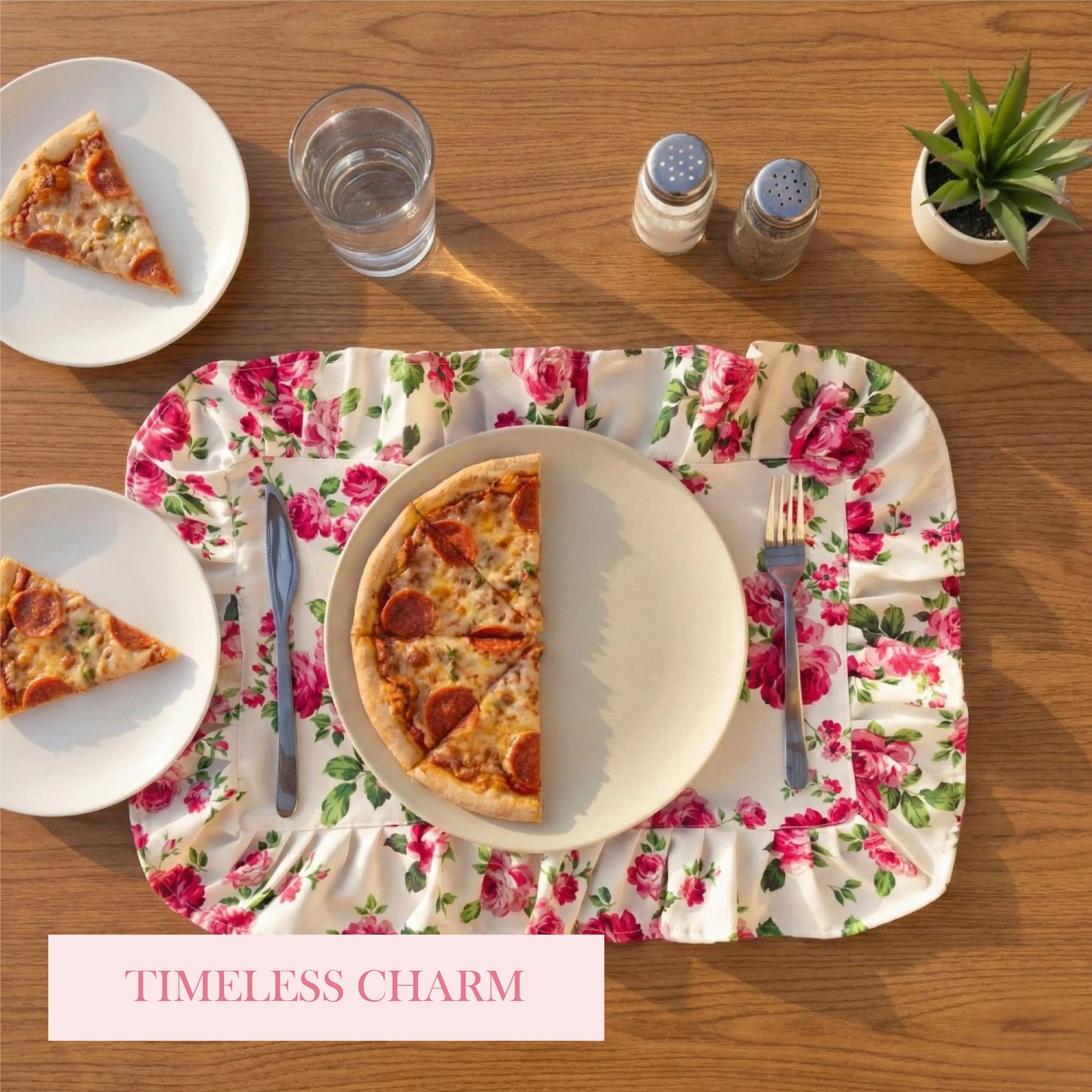 Top-down view of pizza slices on white plates, a floral ruffled placemat, and a water glass on a wooden table.
