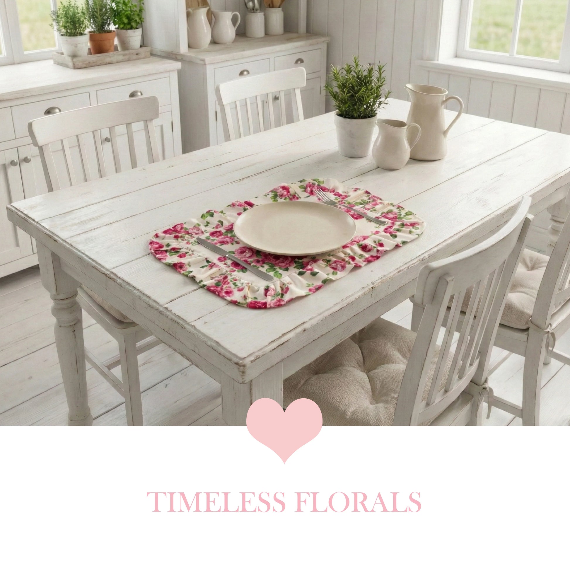 White wooden table with a ruffled floral placemat, plate, and cutlery in a bright room with white cabinets.