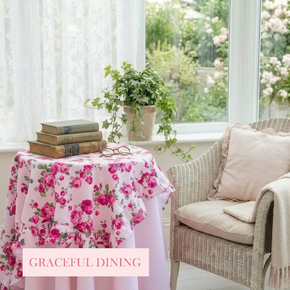 Floral tablecloth on a table with books and a plant, next to a wicker chair with cushions in a bright room.