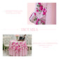 Floral tablecloth with pink flowers on a table and chairs, with text 'Layered with Love' and 'Elegant Country Dining'.