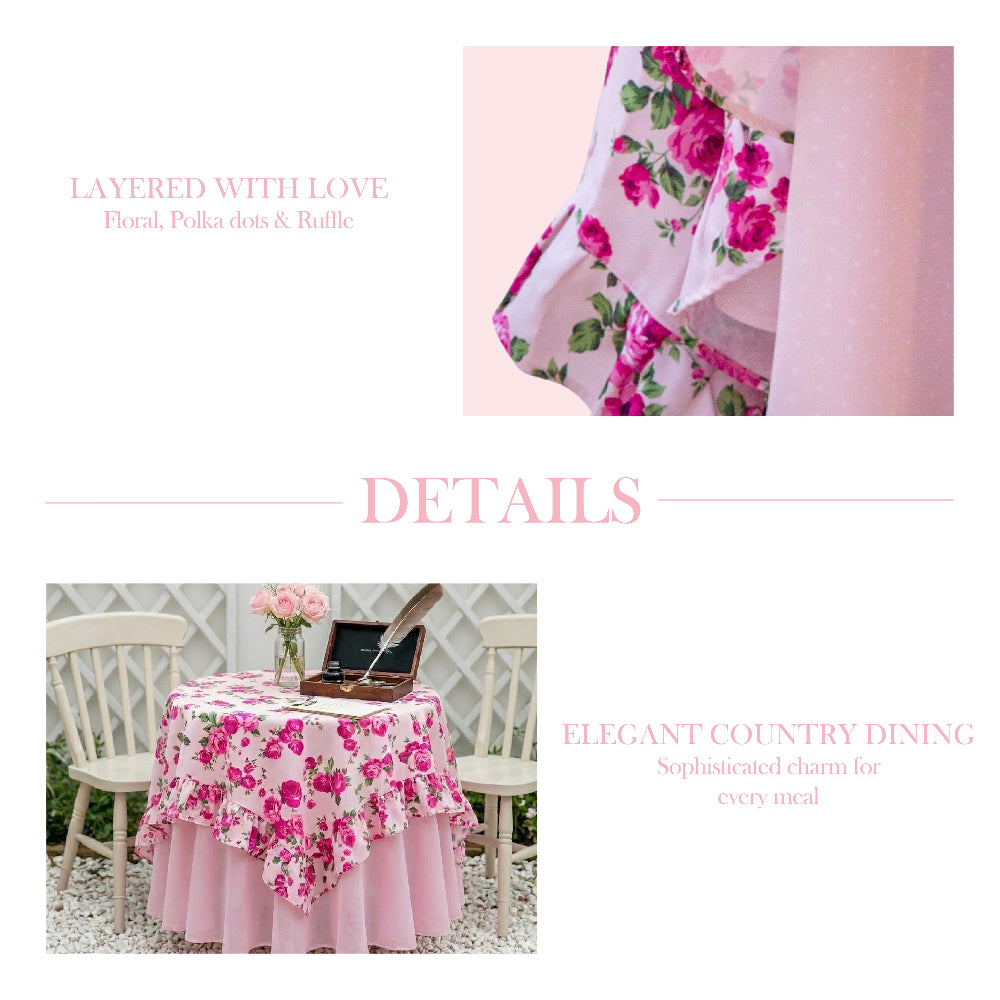 Floral tablecloth with pink flowers on a table and chairs, with text 'Layered with Love' and 'Elegant Country Dining'.