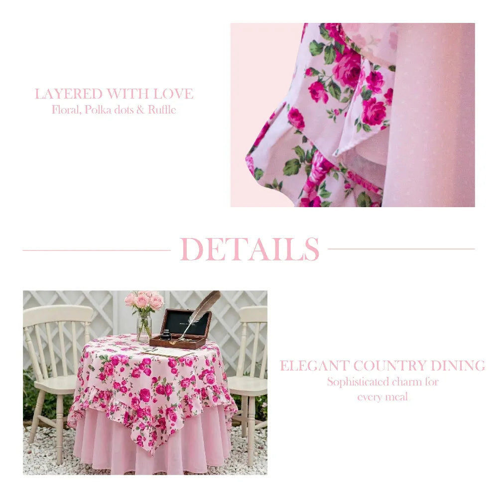 Floral tablecloth with pink flowers on a table and chairs, with text 'Layered with Love' and 'Elegant Country Dining'.