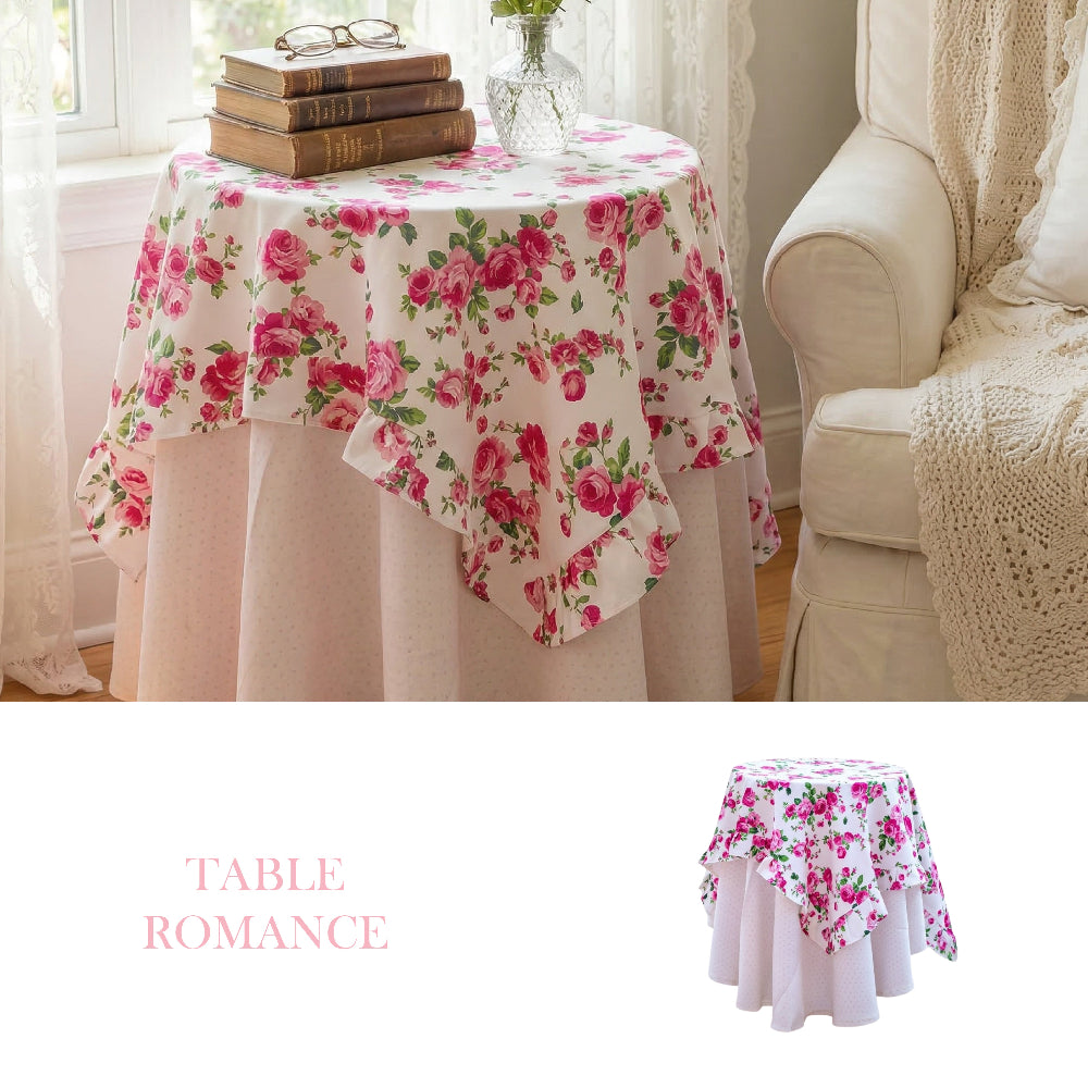 Floral tablecloth on a round table with books and a vase, next to a beige armchair.