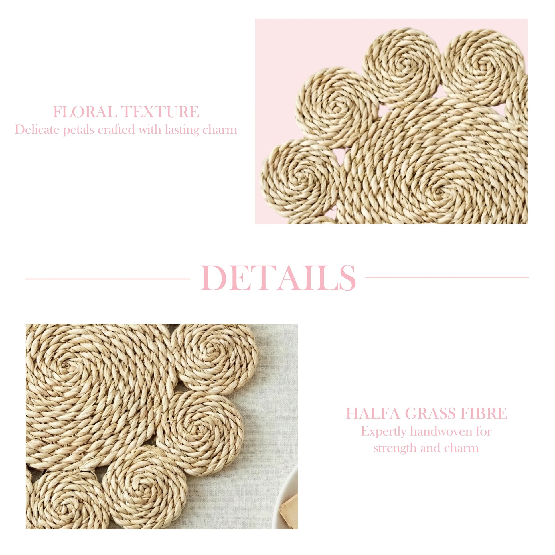Two close-up images of a flower-shaped woven placemat with pink text highlighting the floral texture and halfa grass fiber.