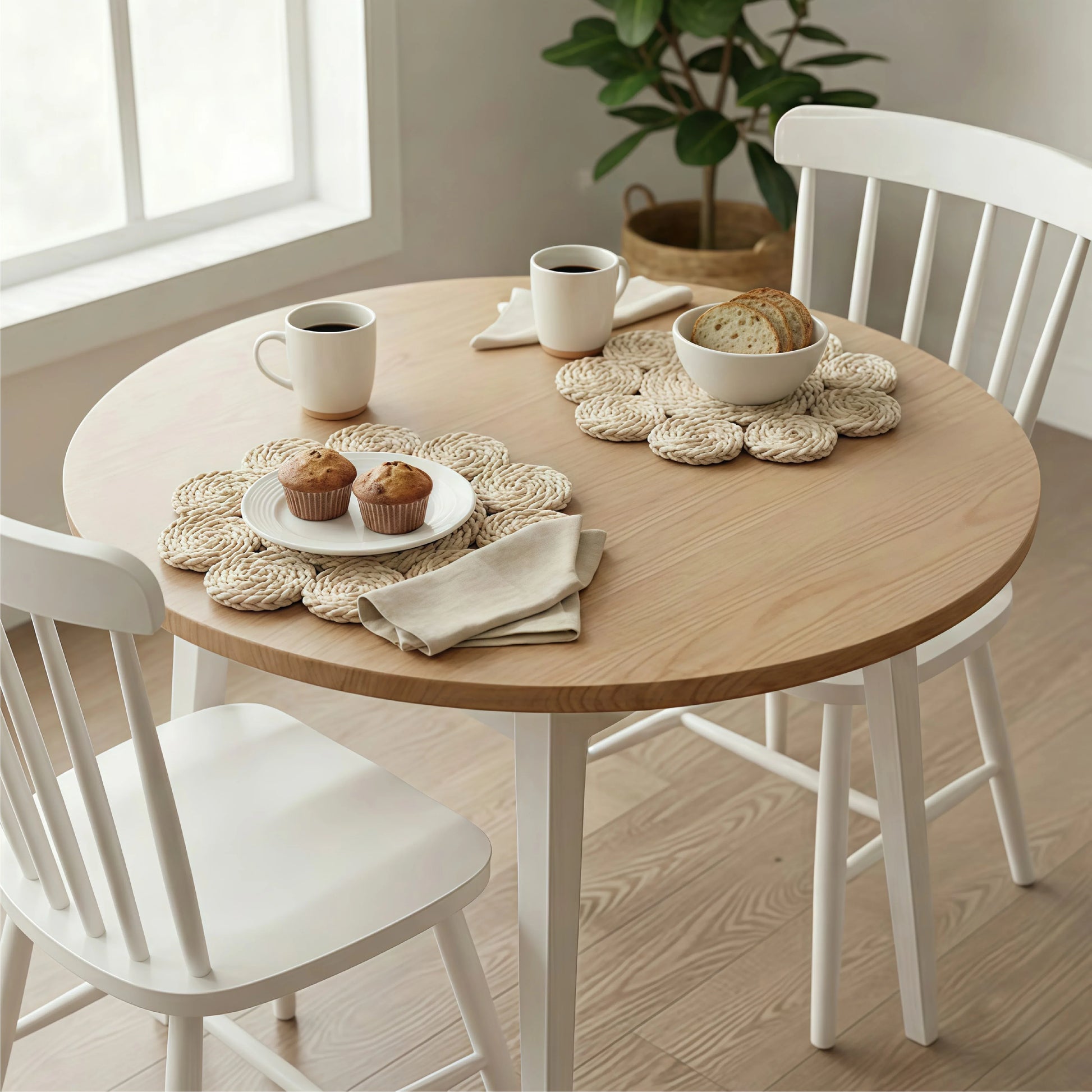Two flower-shaped woven placemats on a round light wood breakfast table featuring white mugs, muffins, and a bowl of bread.