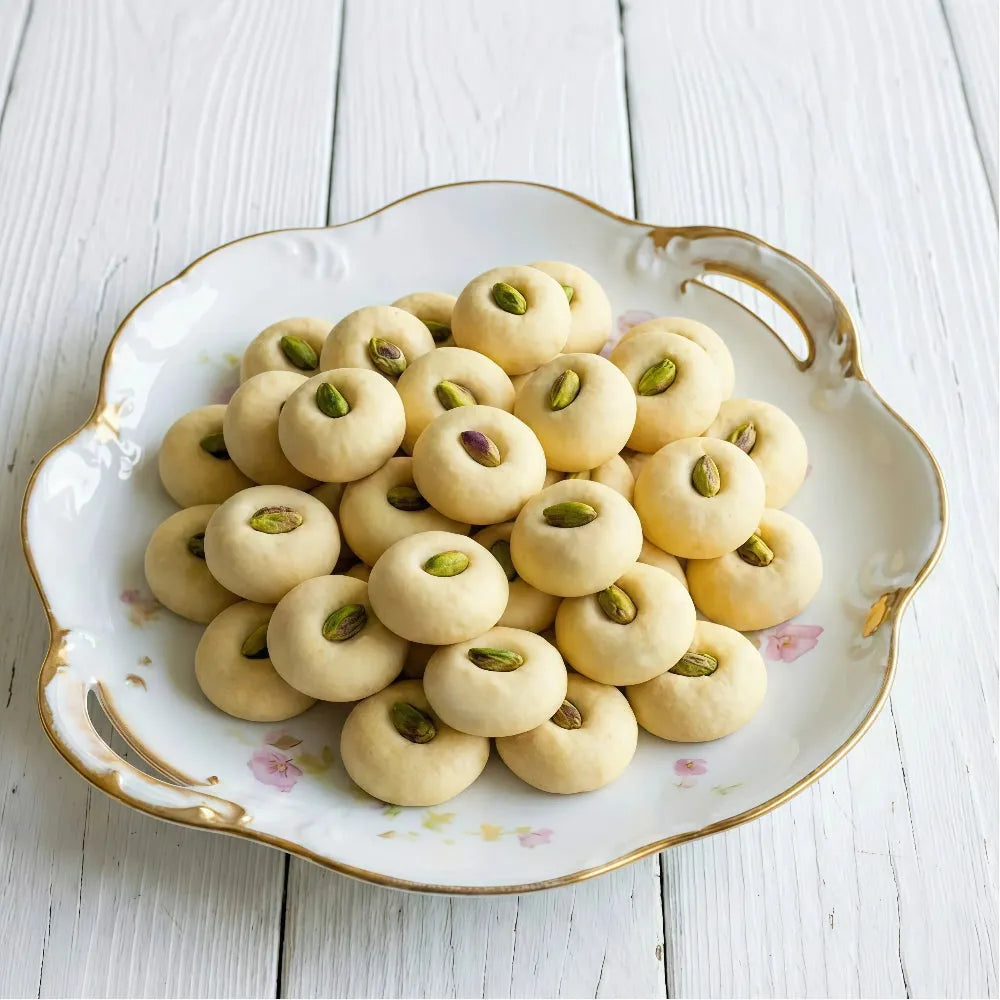 Decorative plate of ghorayeba cookies with pistachios on a white wooden surface