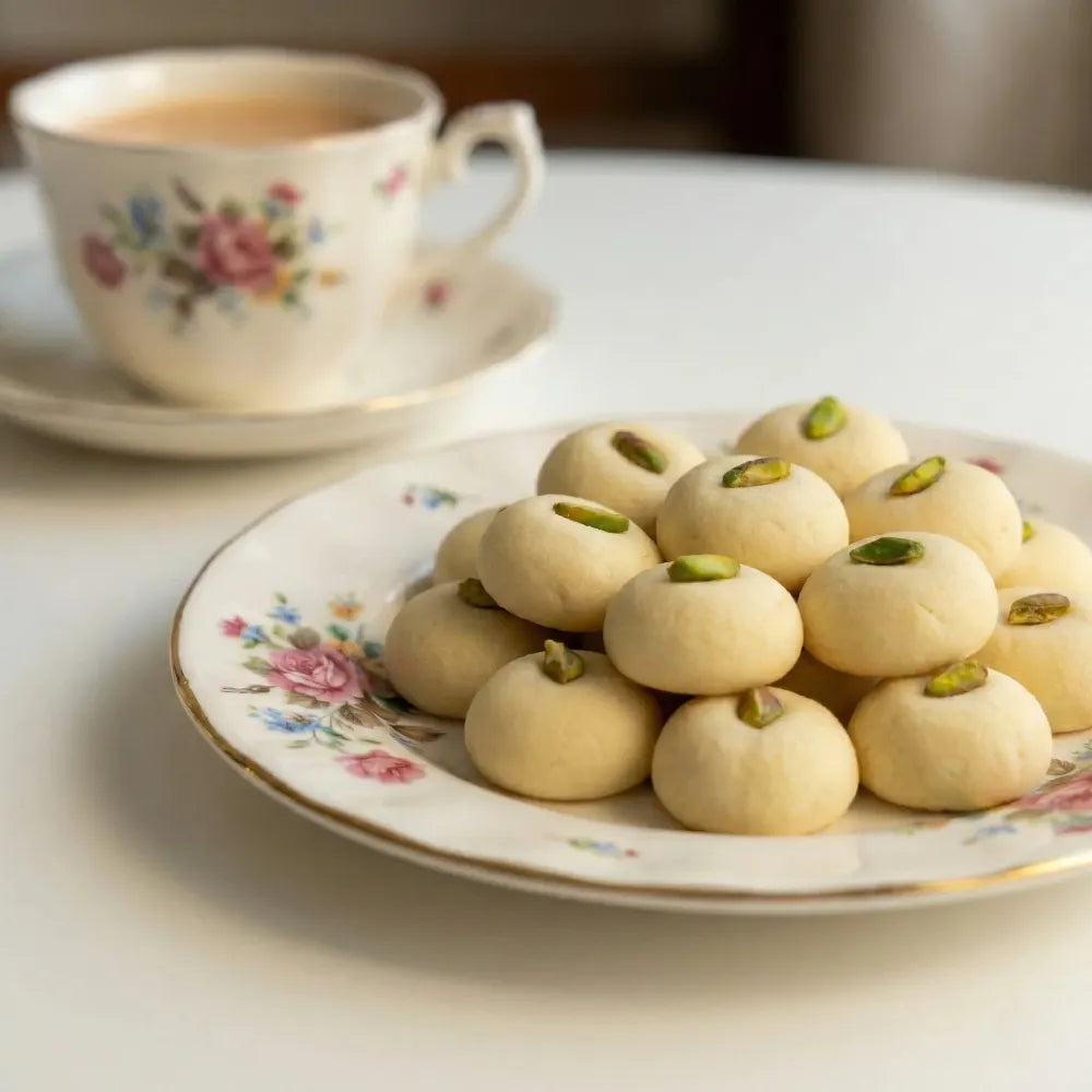 Decorative plate of ghorayeba cookies with a teacup in the background
