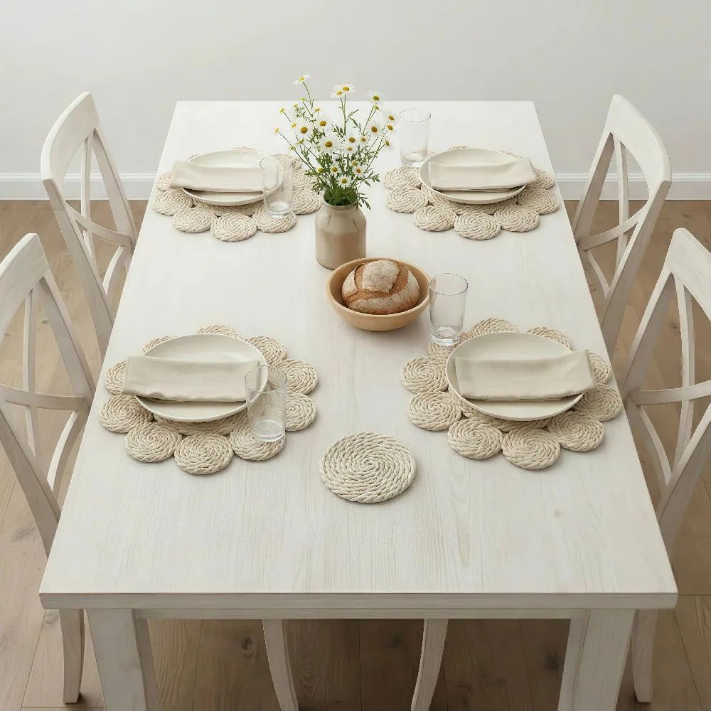 Halfa Flower-Shaped Placemat used in dining table set with plates, bowls, and vase in minimalistic room