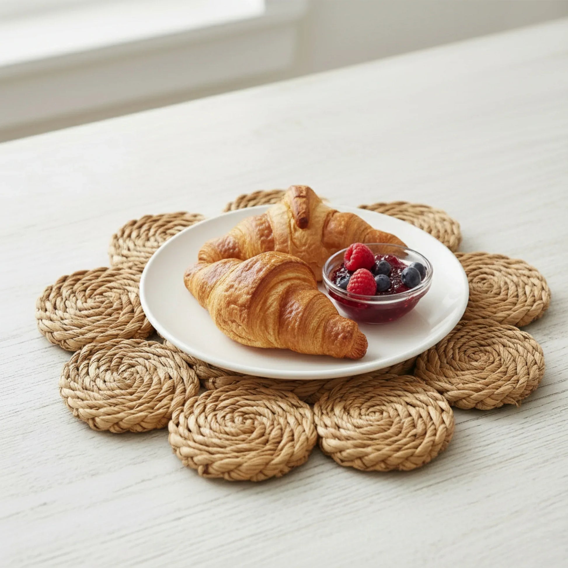Plate of croissants with a bowl of berries on a woven placemat