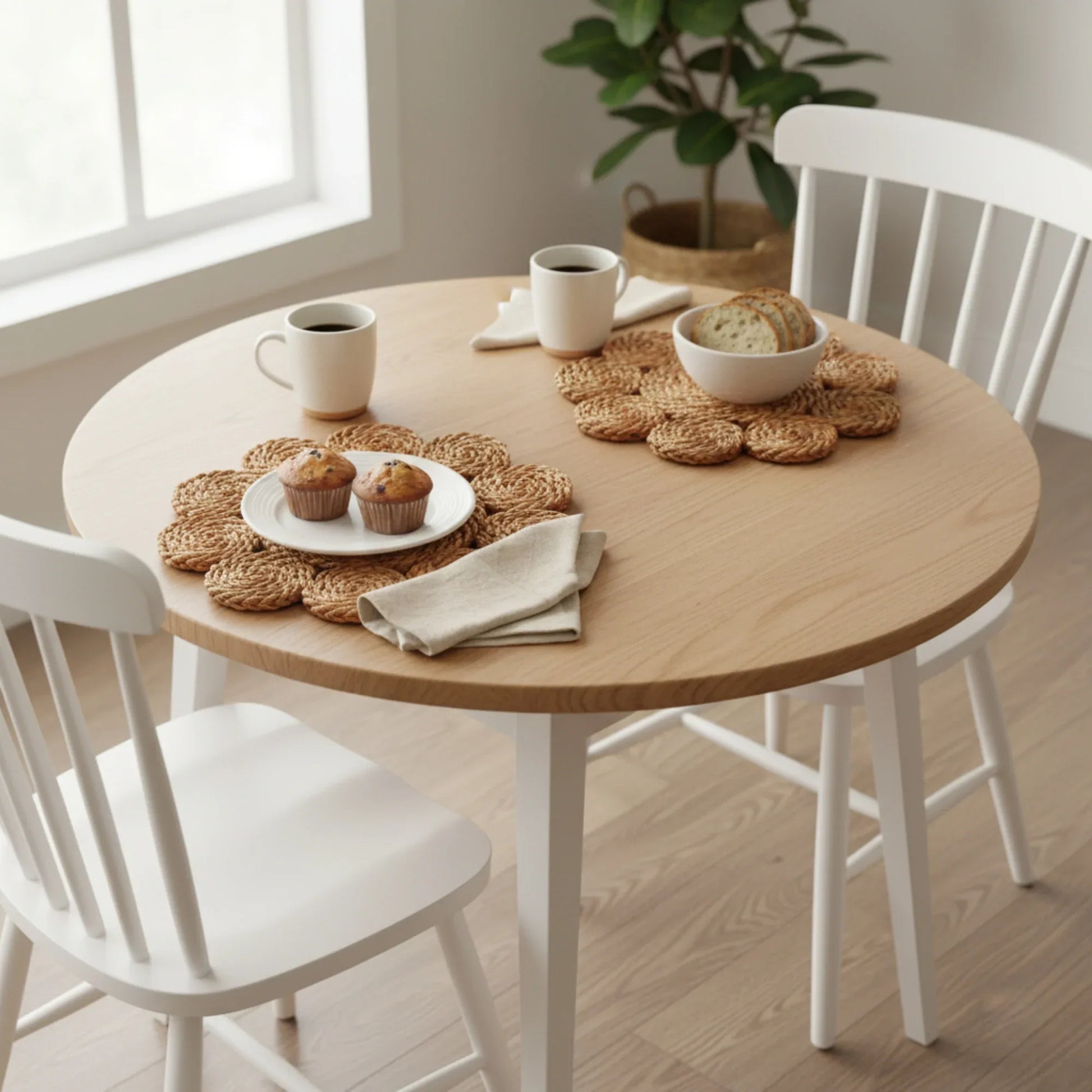 Round wooden table with white chairs, coffee, pastries, and a plant in a bright room.