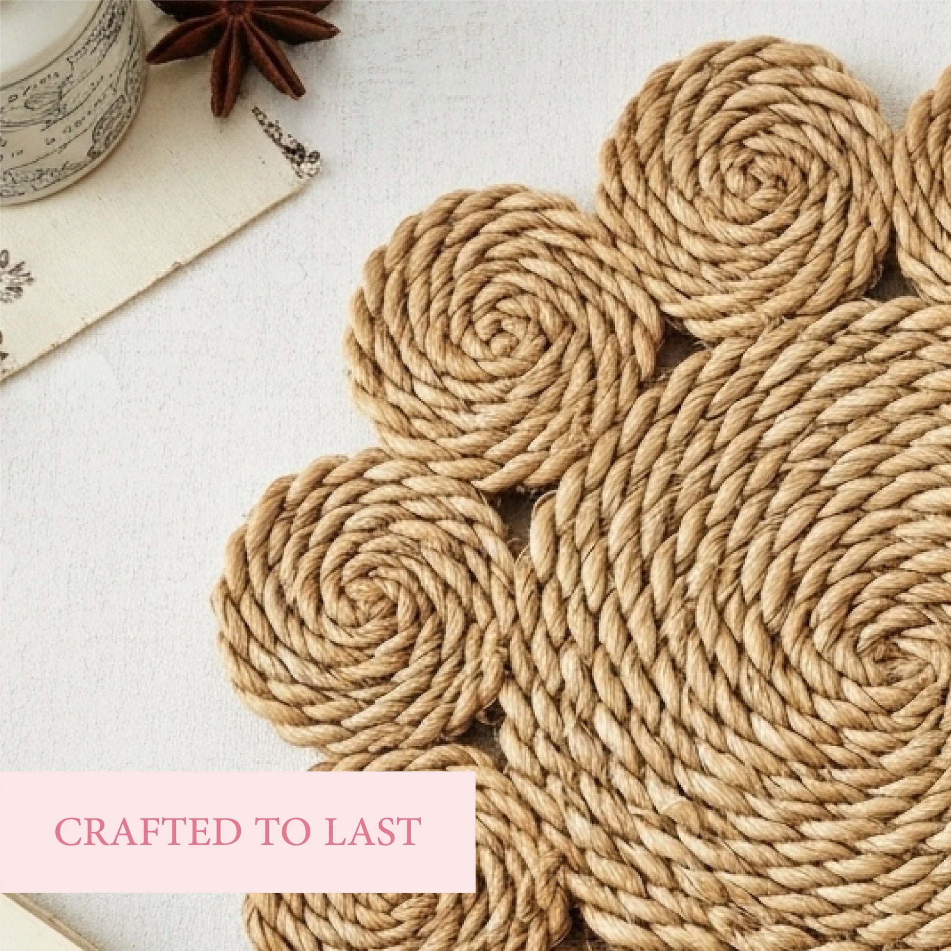 Round woven placemats made of natural fibers on a light surface with text 'Crafted to Last'.