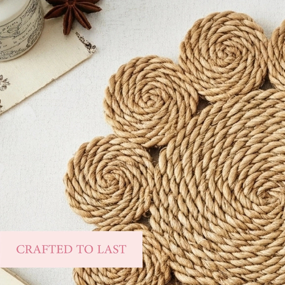 Woven rope placemat on a light surface with text 'Crafted to Last'.