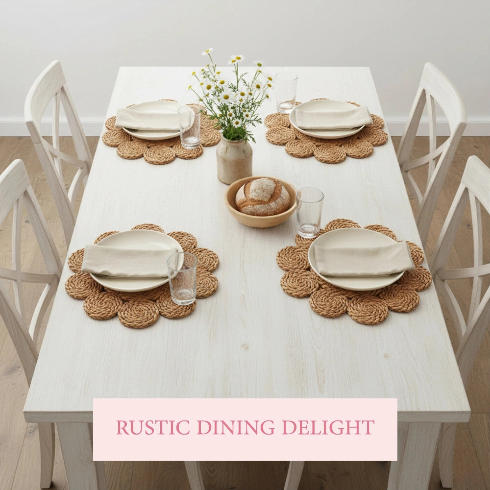 Halfa Flower-Shaped Placemat featured in rustic dining table setup with plates, bread, and Rustic Dining Delight text overlay