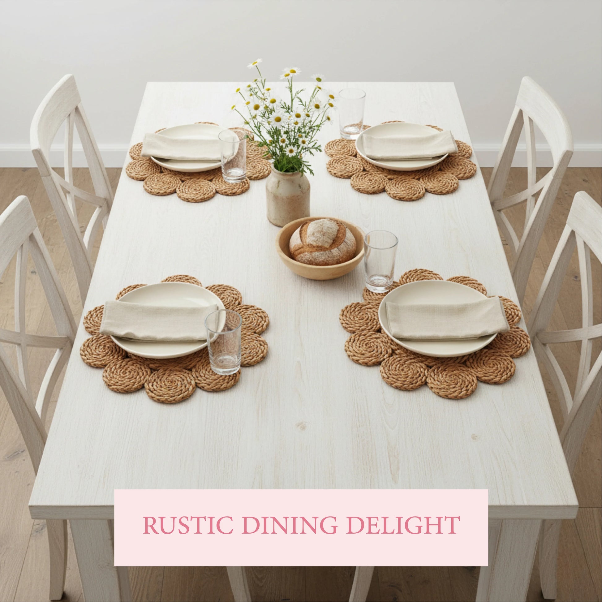 Dining table set with rustic placemats, white plates, and bread, with a 'Rustic Dining Delight' text overlay.
