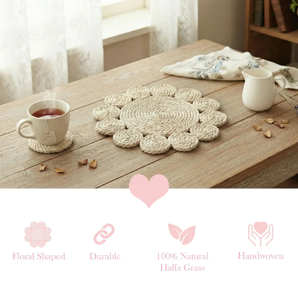 Halfa Flower-Shaped Placemat on wooden table with tea cup and product feature text highlighting woven floral design details