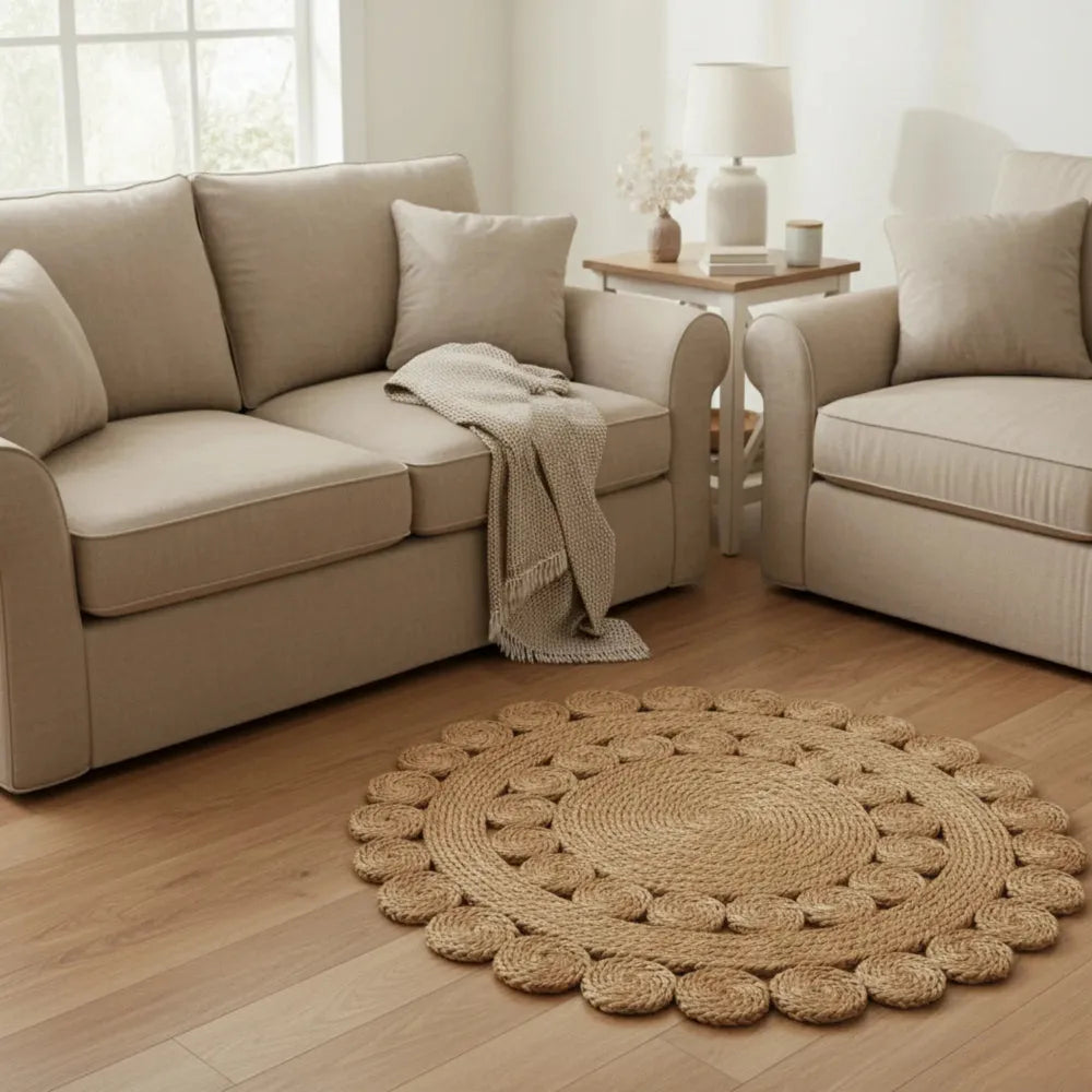 Halfa Flower-Shaped Rug placed beside beige sofa in living room with natural woven floral design