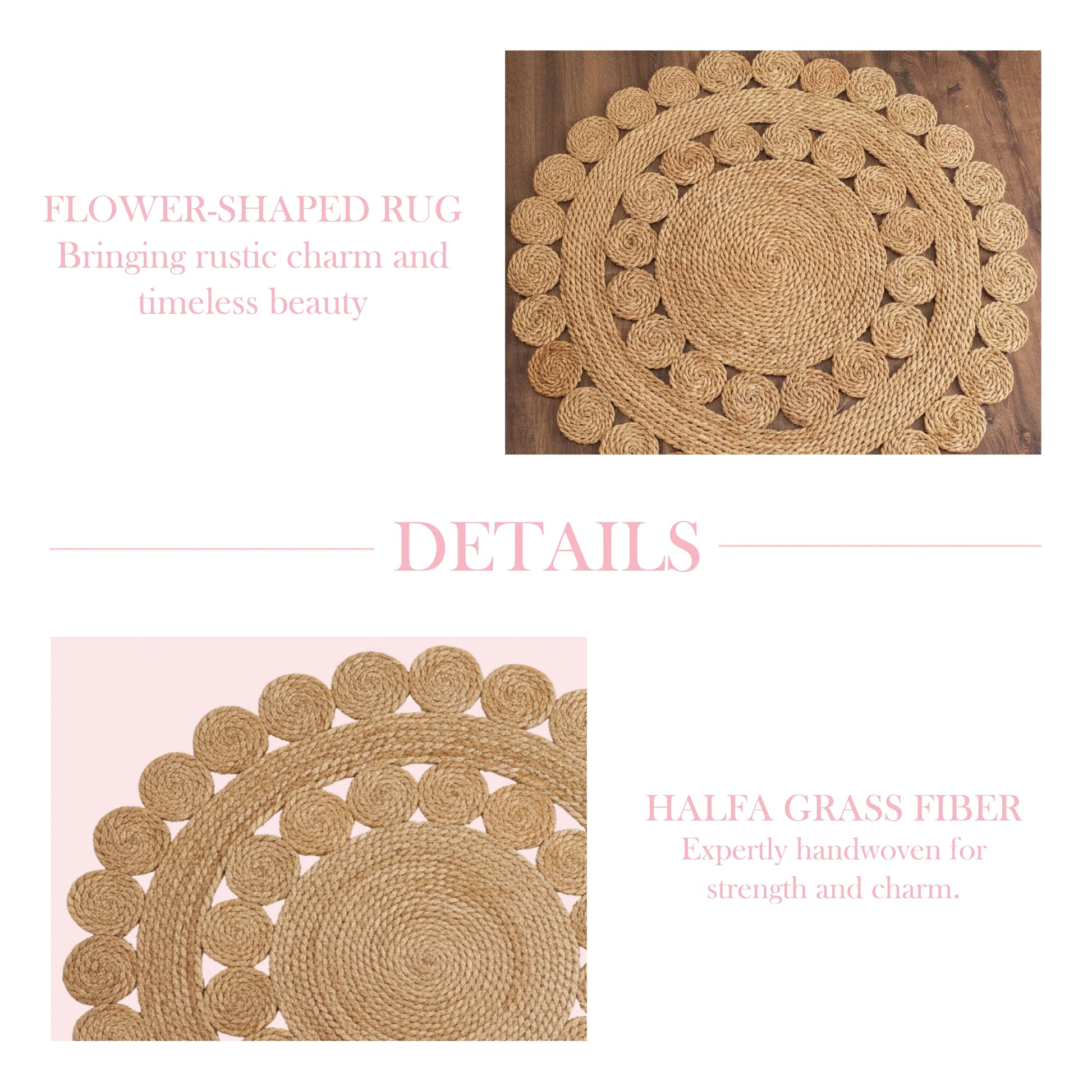 Flower-shaped rug with text describing its features on a white background