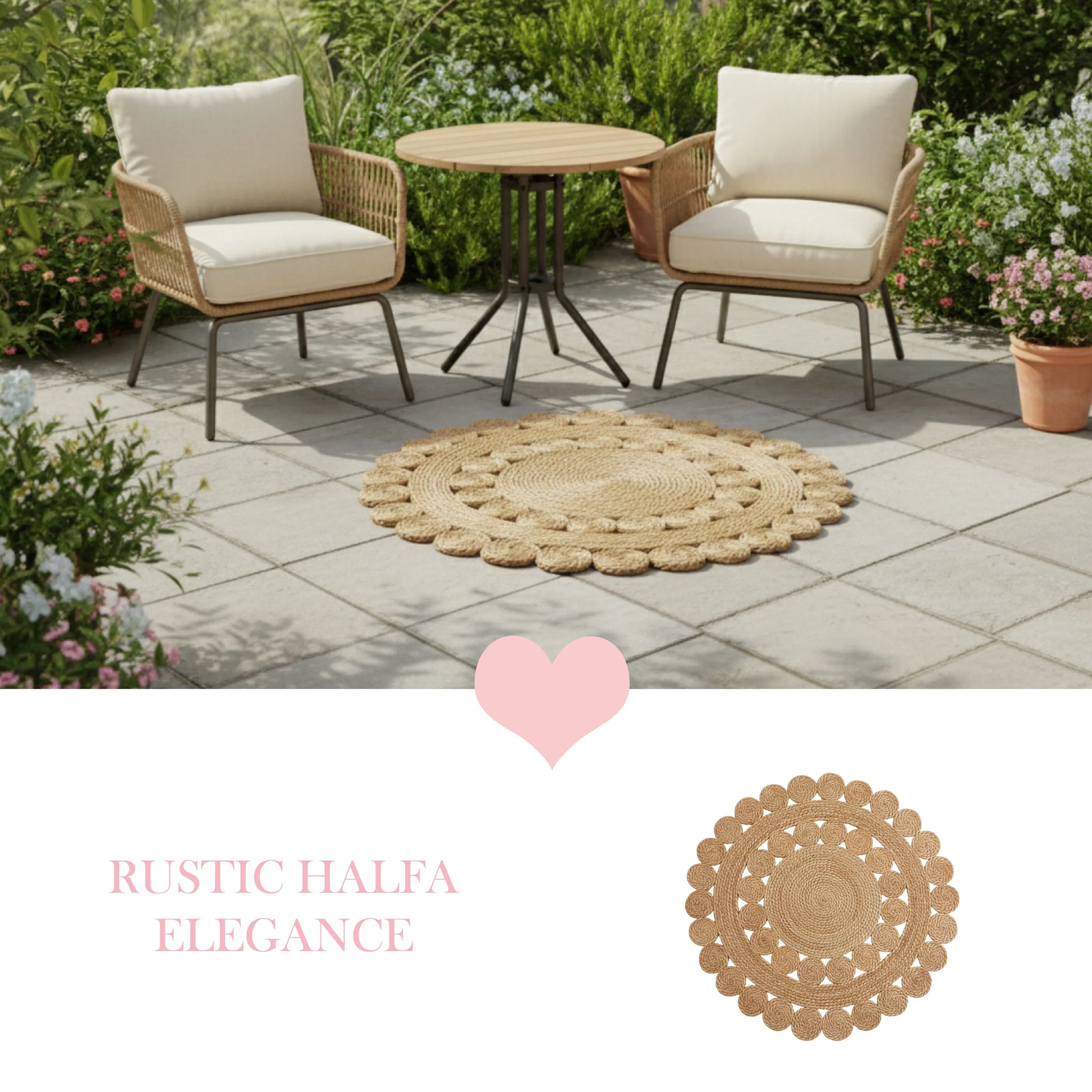 Outdoor patio set with wicker chairs and table on a stone patio, featuring a round woven mat.
