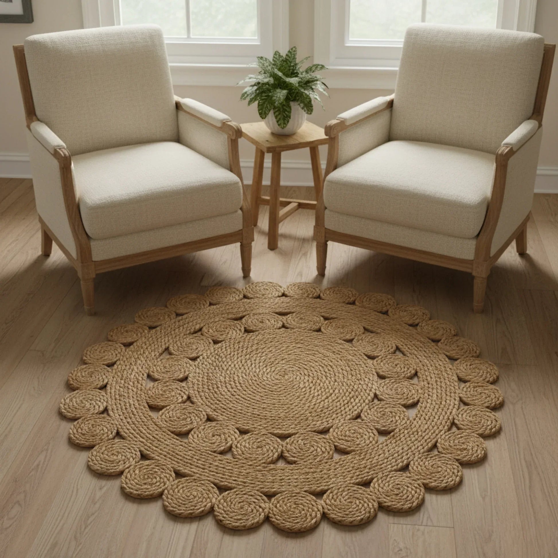 Round jute rug in front of two beige armchairs with a small wooden table and plant in a bright room.