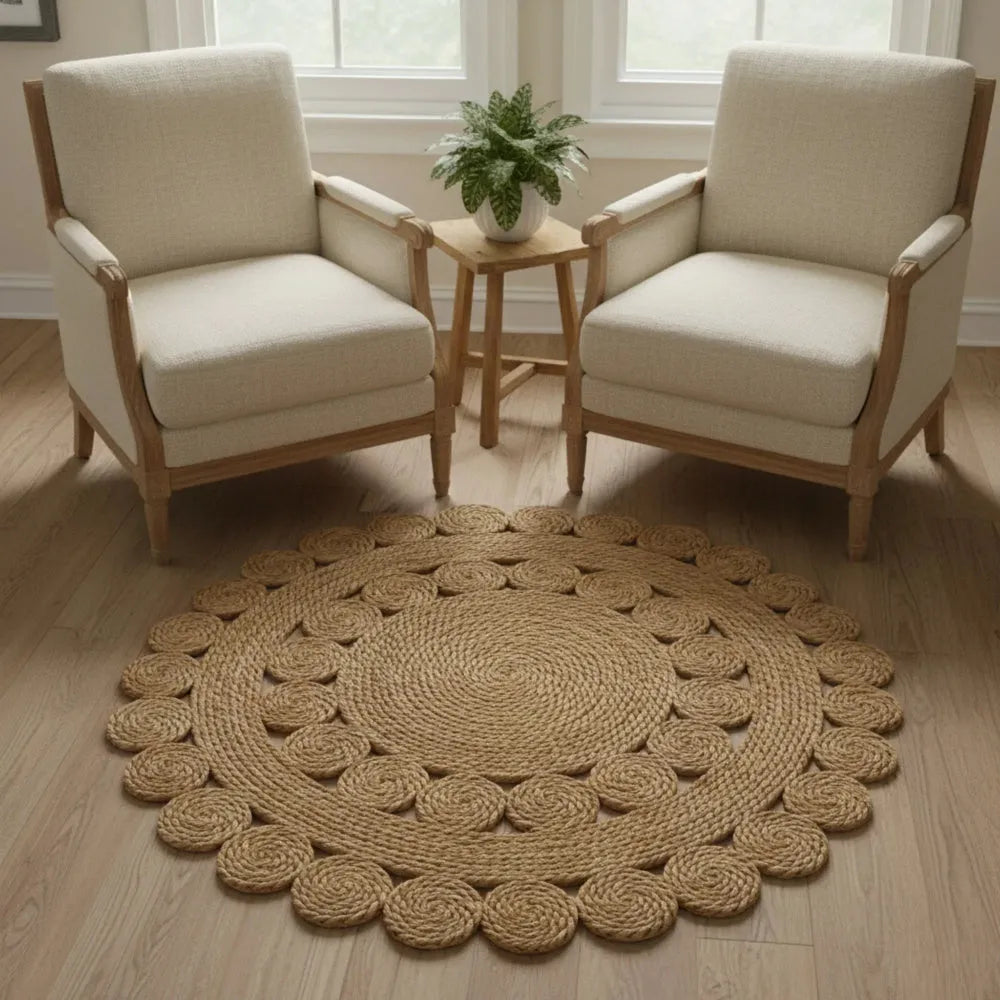 Round rug in front of two beige armchairs with a small wooden table and plant in a bright room.