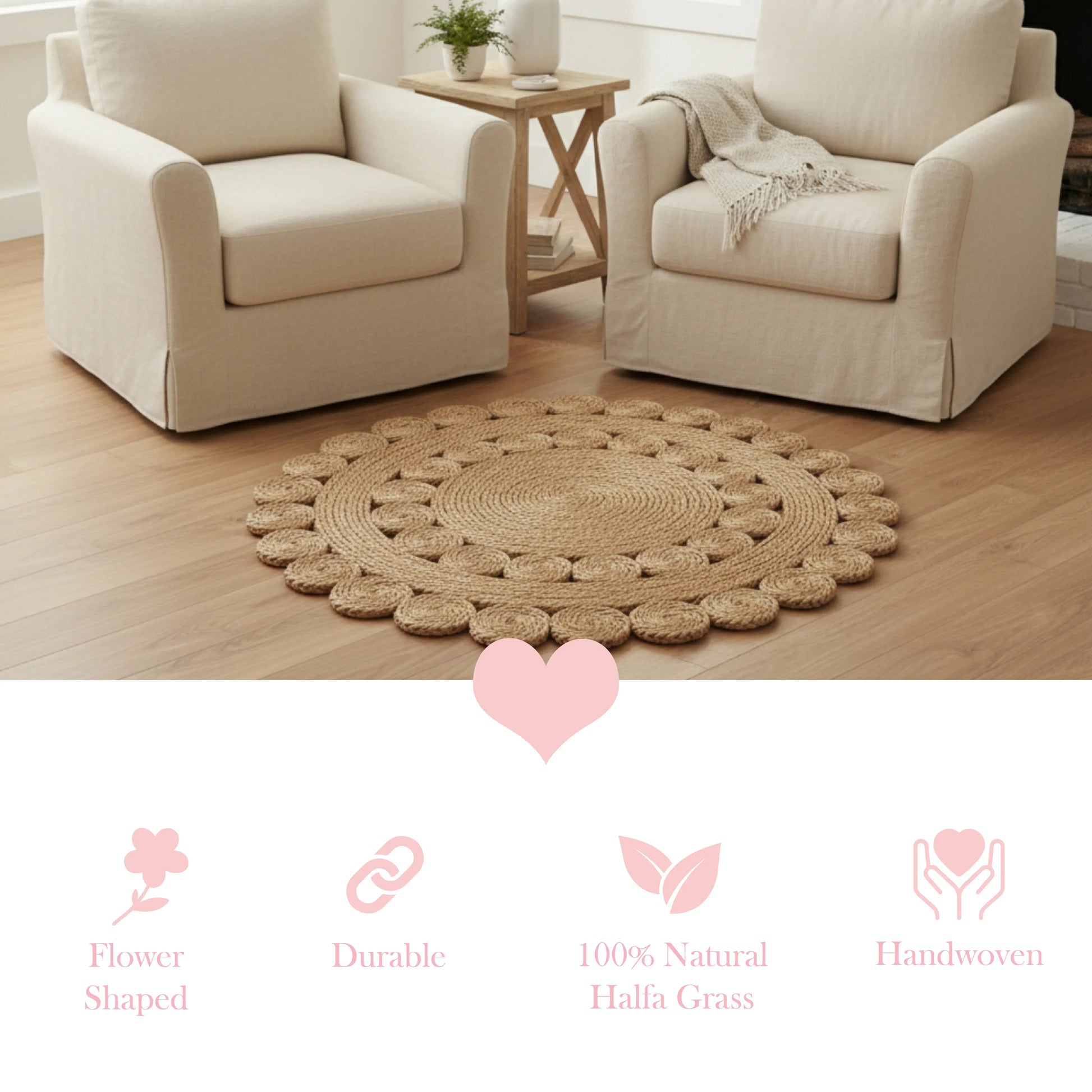 Round jute rug on a wooden floor with beige armchairs and a small table in a living room.