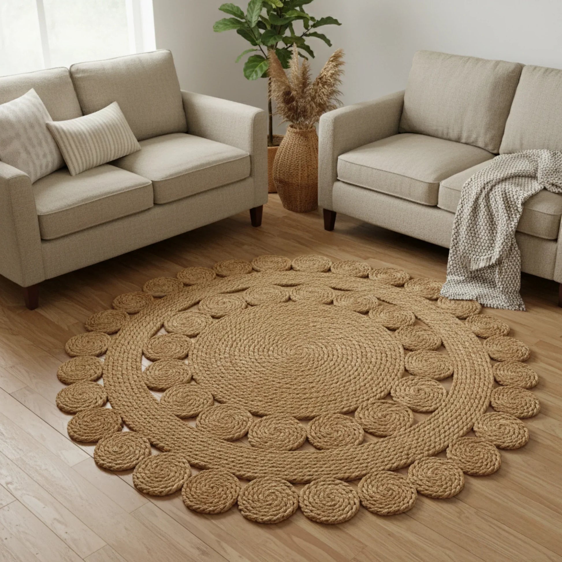 Round jute rug on a wooden floor with beige sofas and decor in the background
