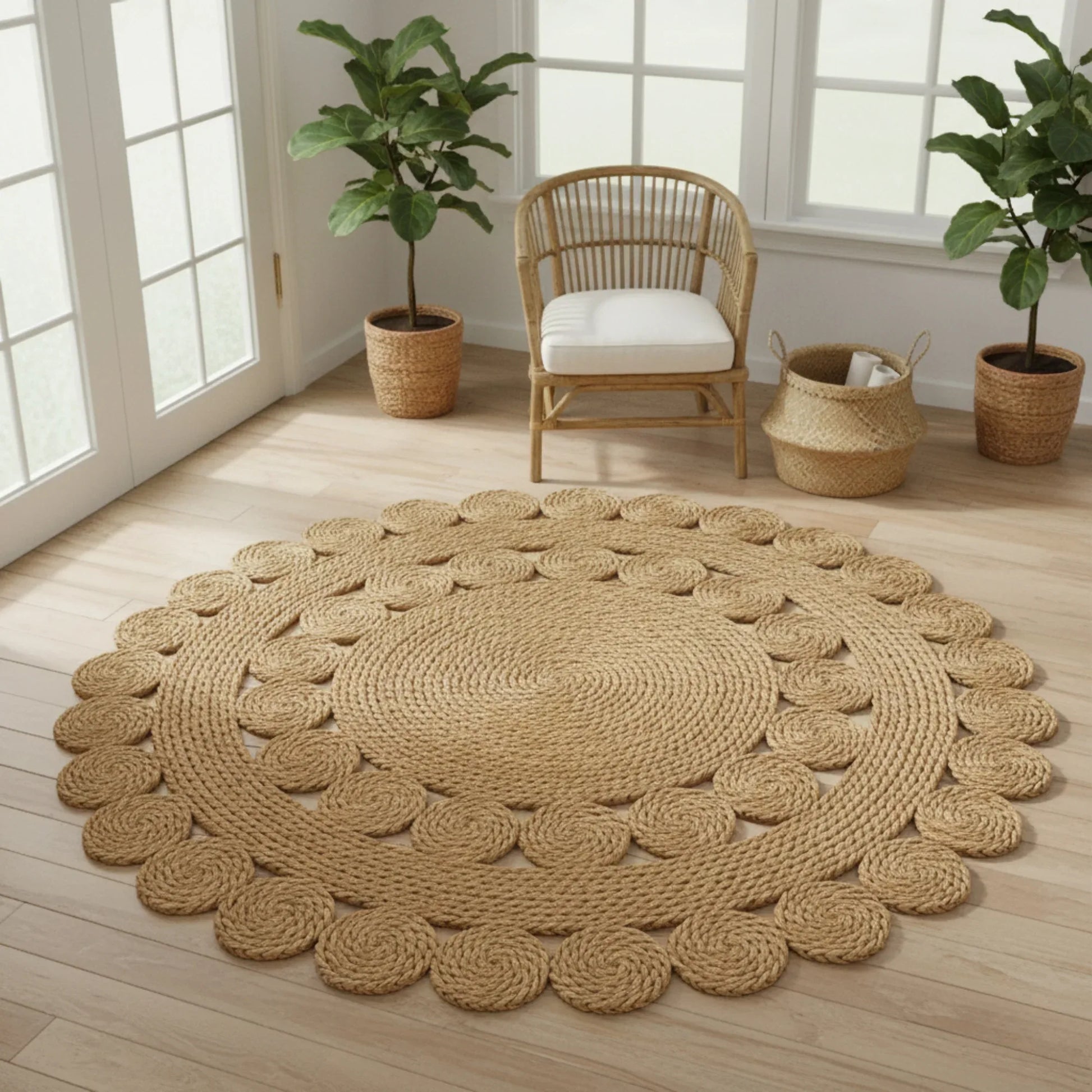 Round jute rug on a wooden floor with a chair and plants in the background