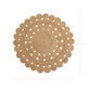 Round woven placemat with dimensions on a white background