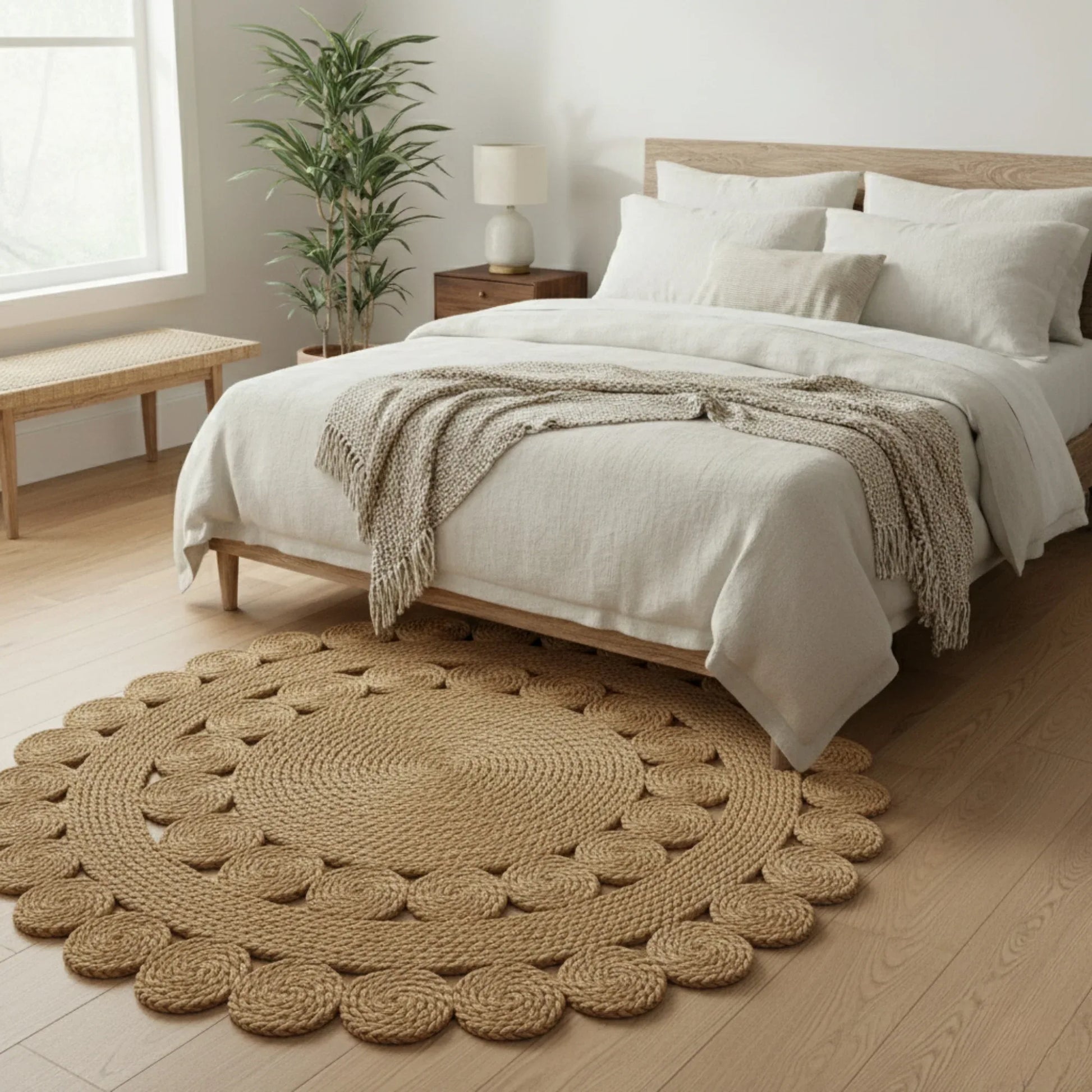 Bedroom with a round woven rug, bed, and wooden bench.