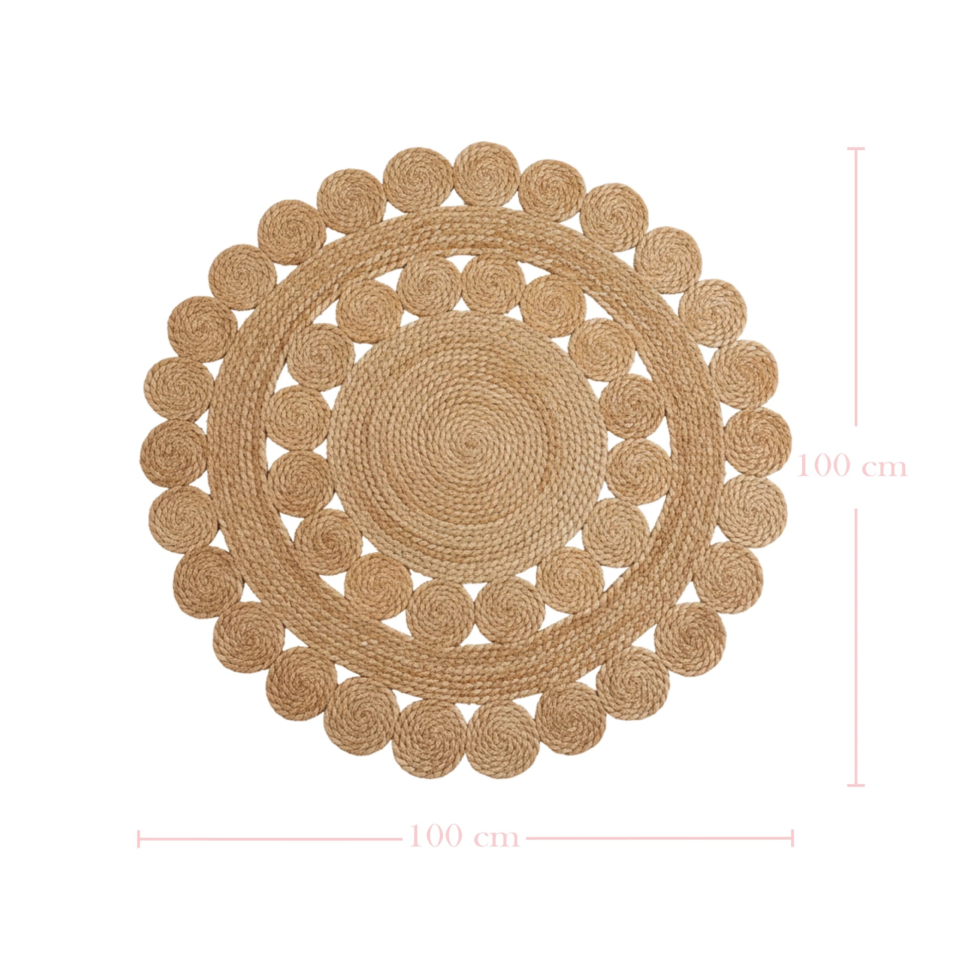 Round woven placemat with scalloped edge and dimensions on a white background