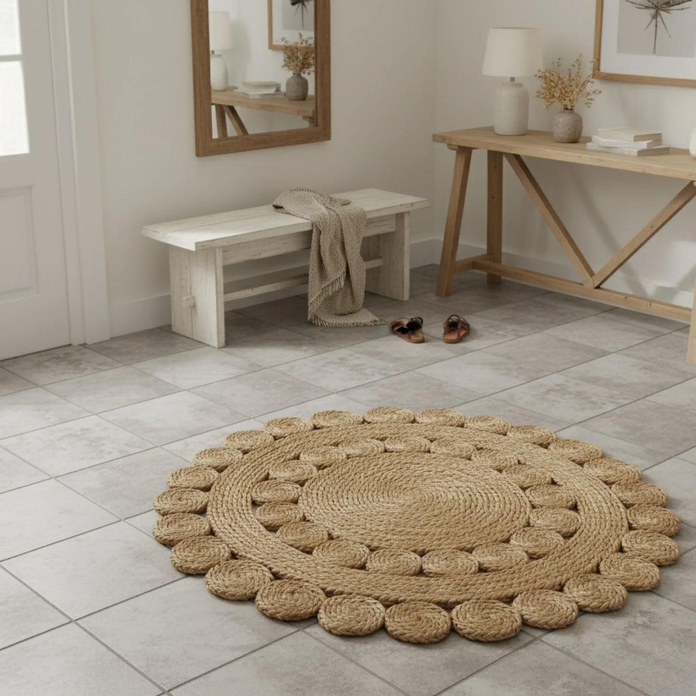 Round woven rug on a tiled floor with wooden furniture and decor.