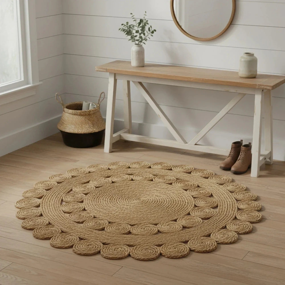 Round jute rug on a wooden floor with a bench and decor items in the background.