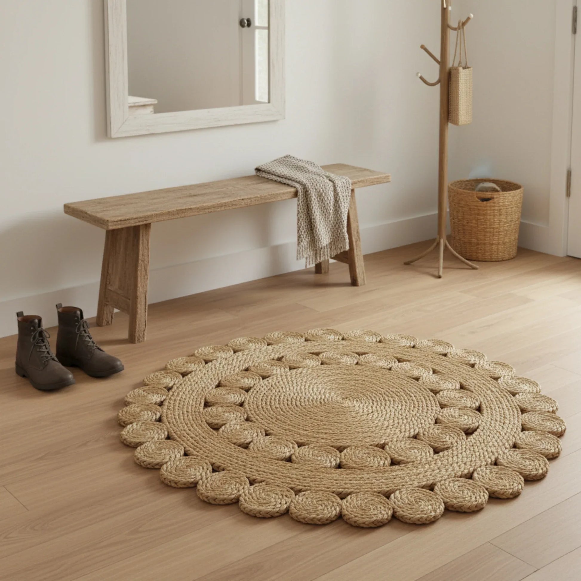Round woven rug on a wooden floor with a bench, mirror, and basket in the background.