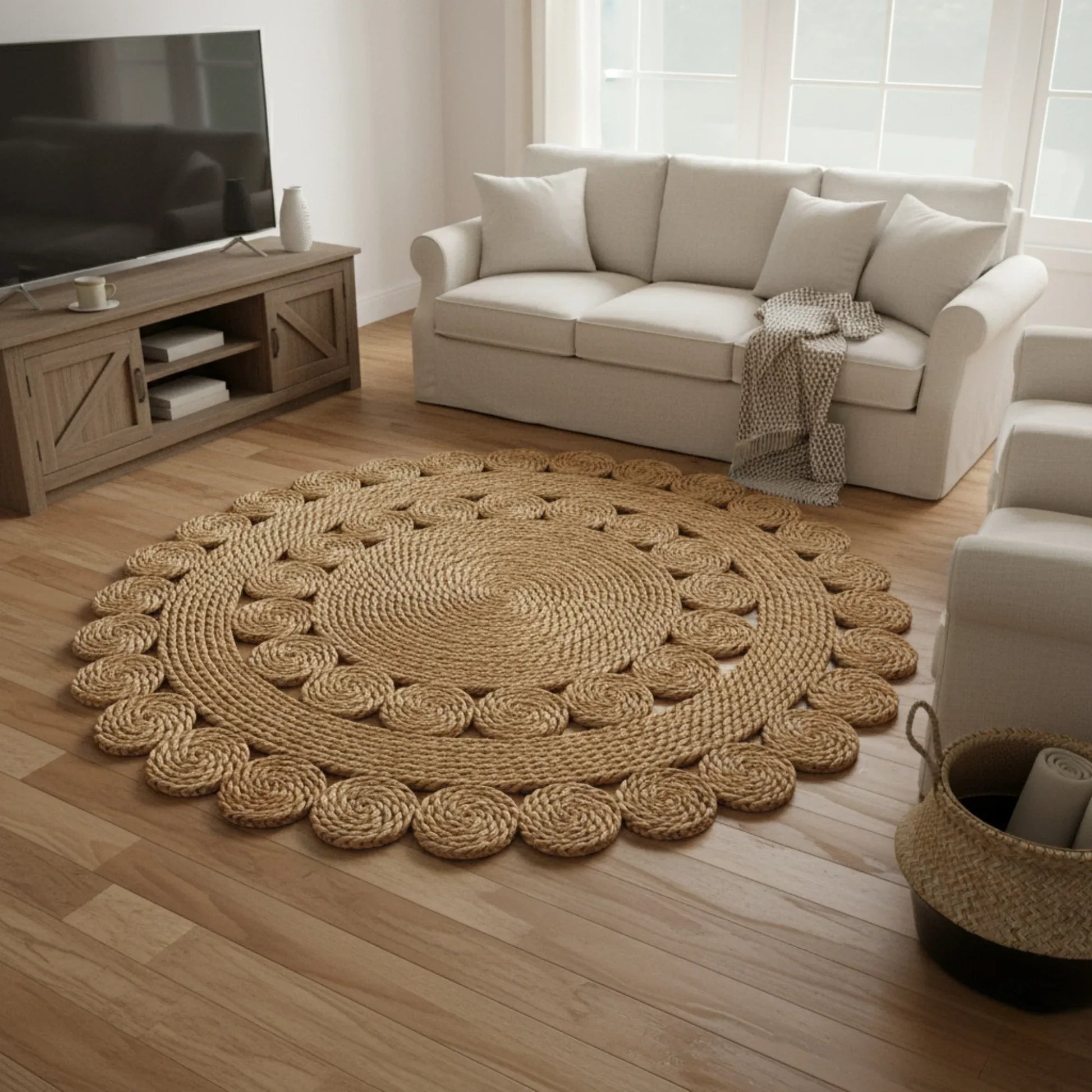 Round woven rug on a wooden floor in a living room with a beige sofa and TV.