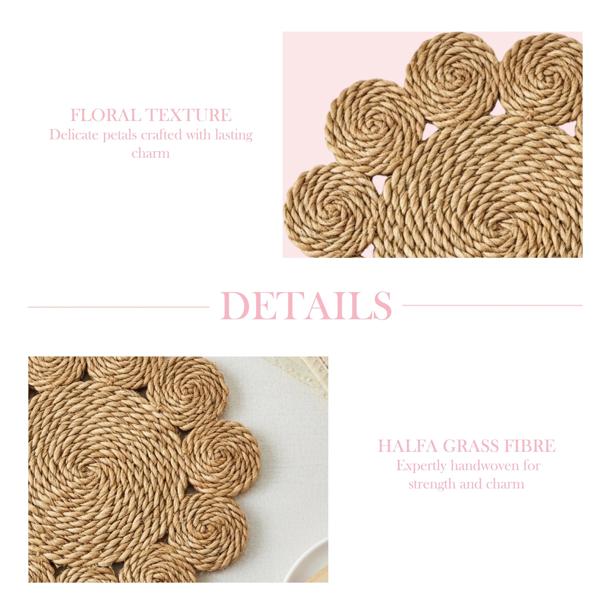 Detailed close-up of a flower-shaped placemat woven from halfa grass fiber featuring a spiraled petal texture.