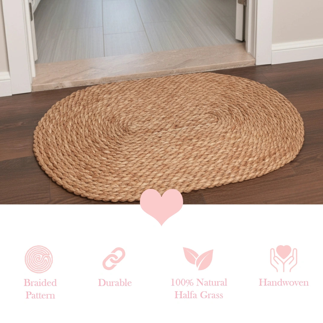 Halfa Oval Welcome Mat round braided design displayed on wooden floor with product features shown below
