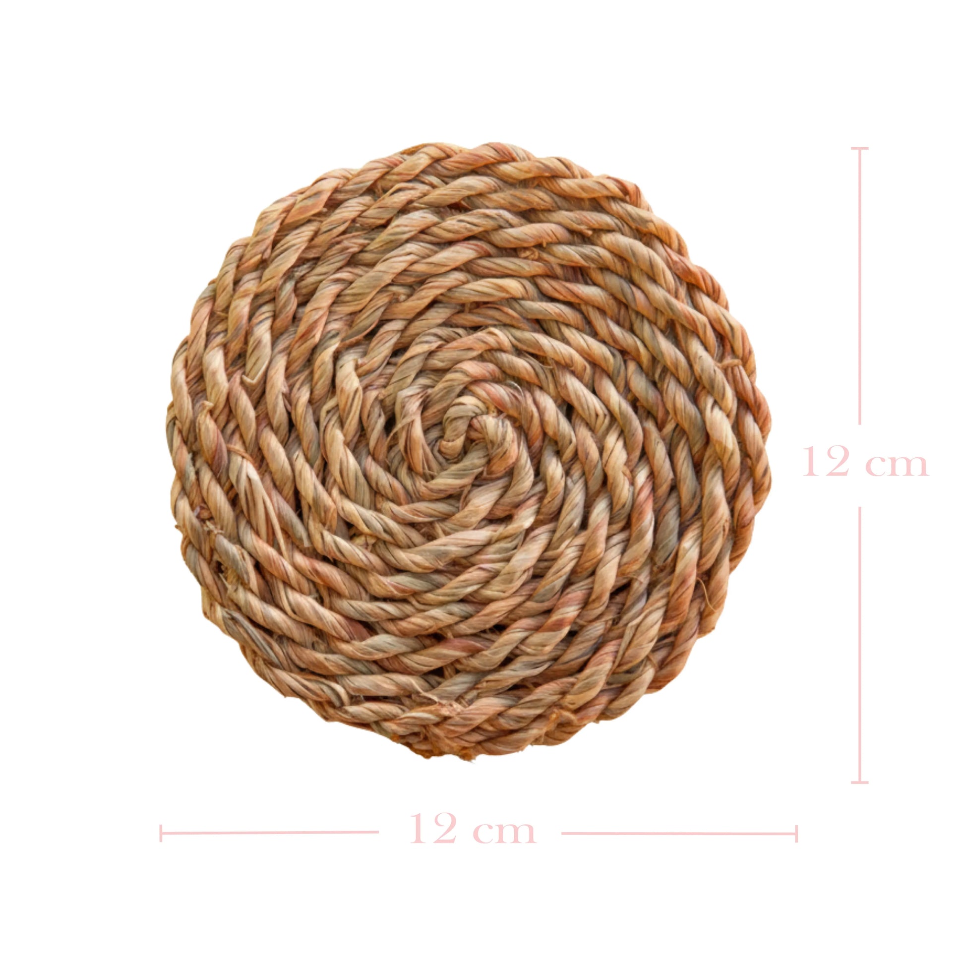 Natural woven round coaster with 12 cm dimension lines on a white background.