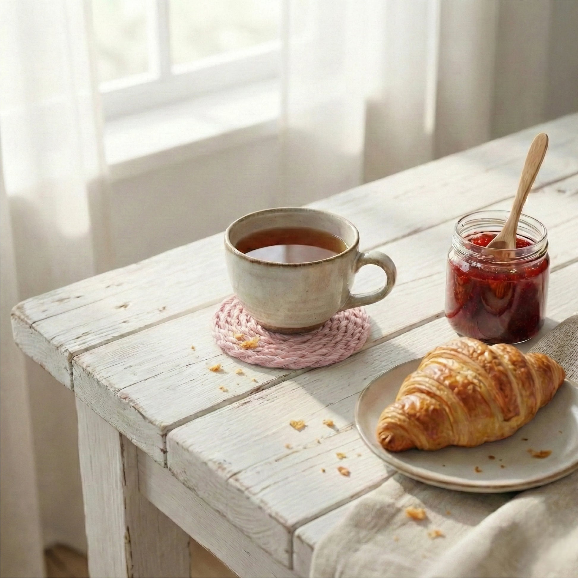 Pale pink woven round coaster with a ceramic tea mug, croissant on a plate, and jam jar on a white distressed wood table.