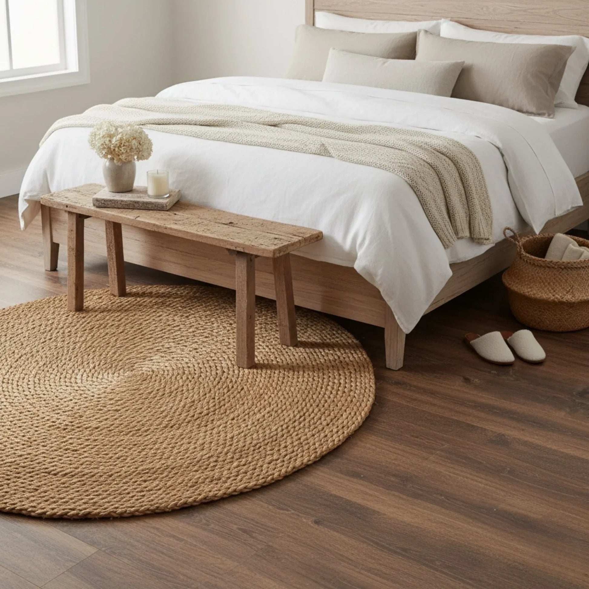 Bedroom with wooden bench, round rug, and bed with white bedding.