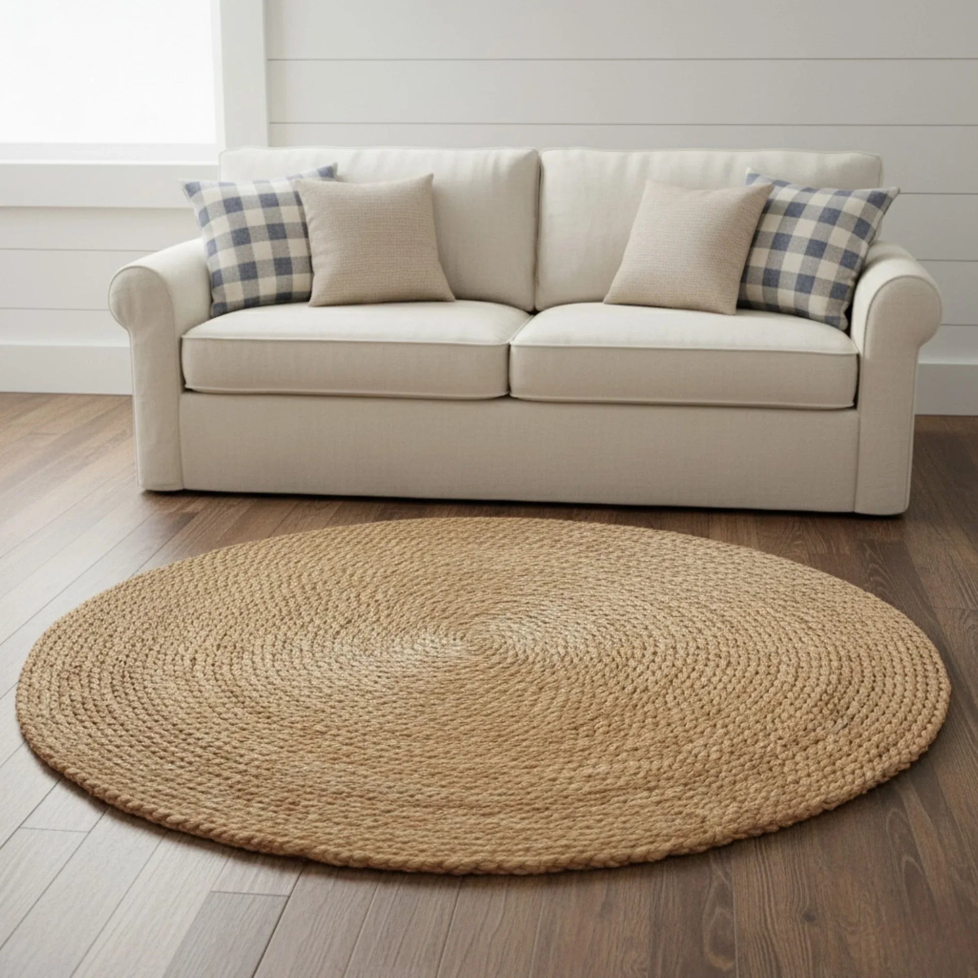Beige sofa with plaid pillows on a wooden floor, featuring a round woven rug.