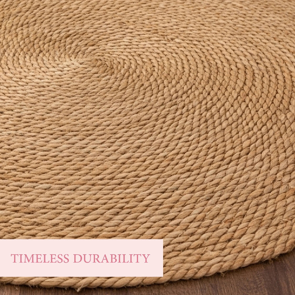 Close-up of a woven rope rug with 'Timeless Durability' text overlay.