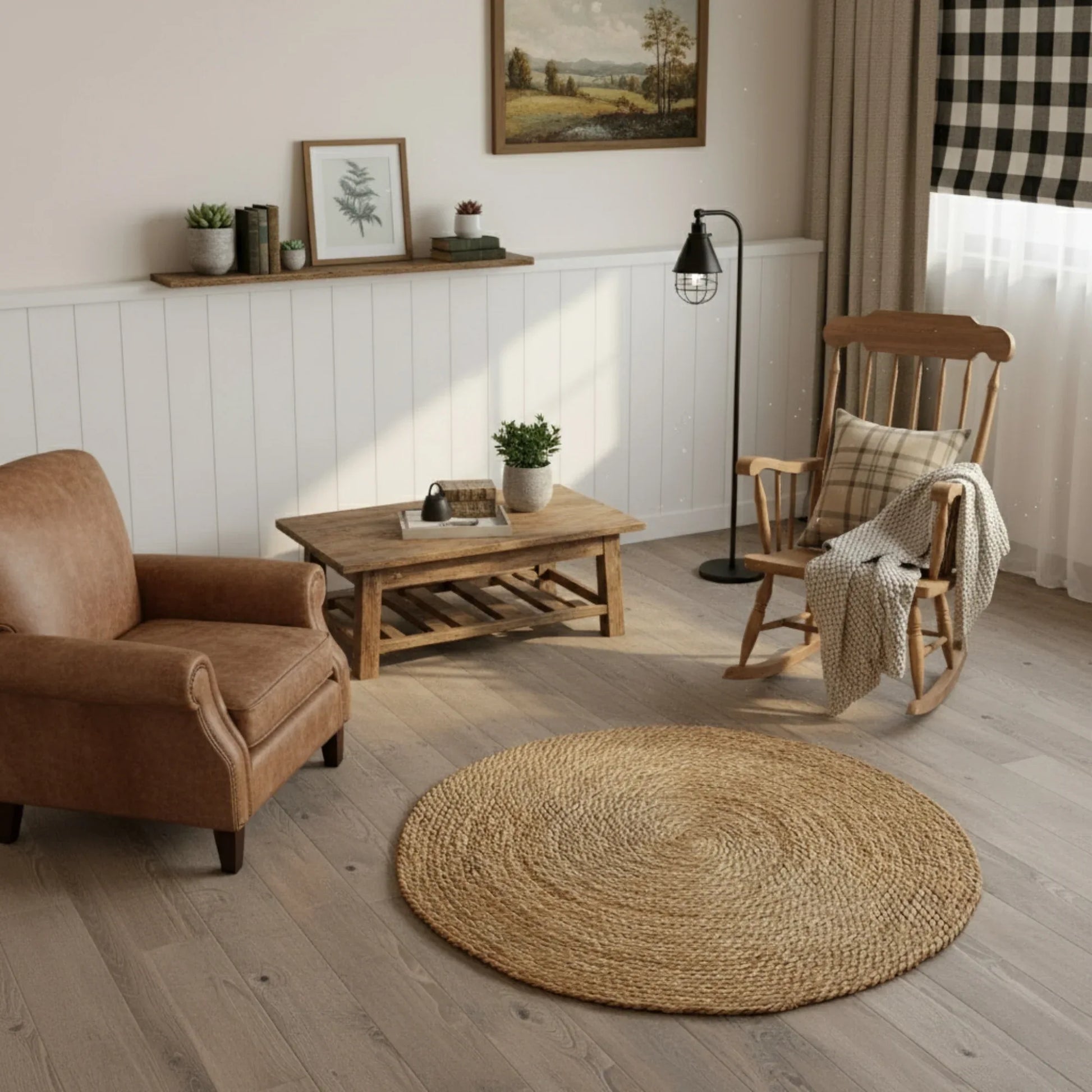Cozy living room with brown armchair, wooden rocking chair, and round jute rug.