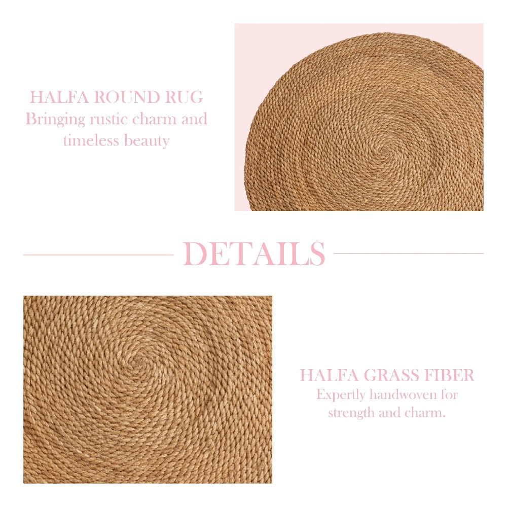 Half a round rug made of grass fiber with text describing its features on a pink background.