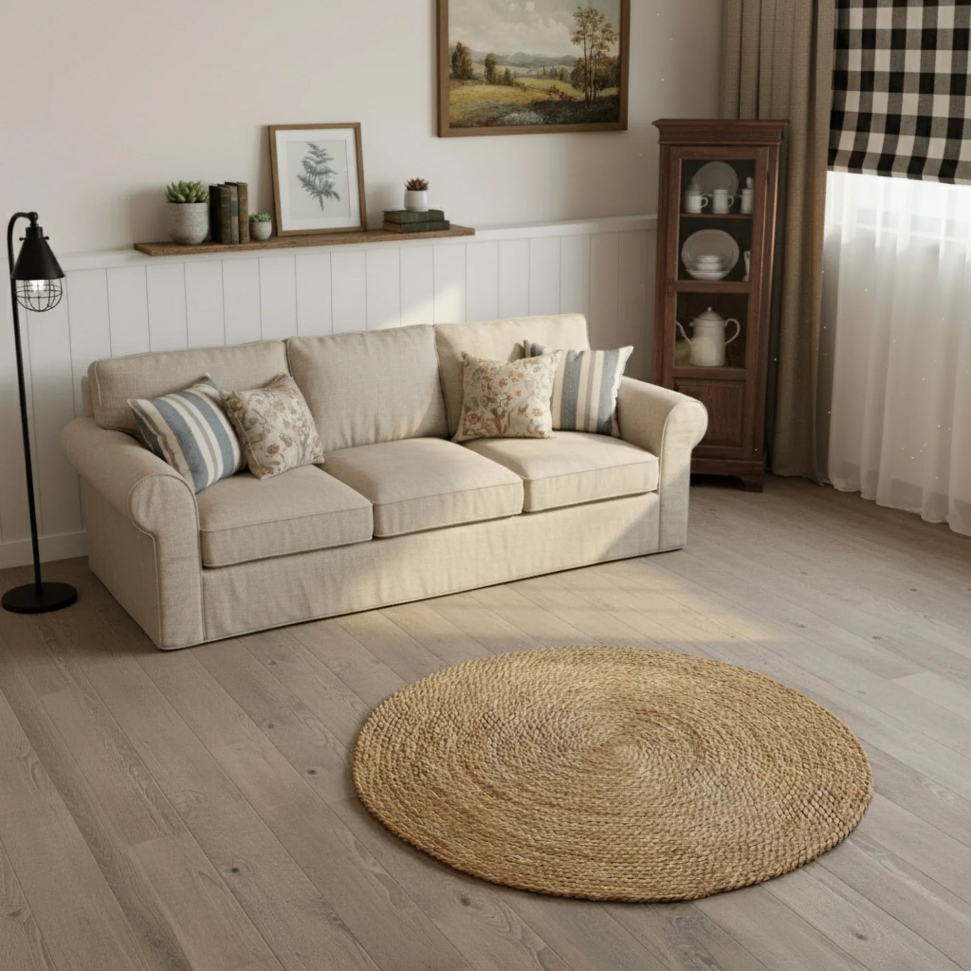 Living room with beige sofa, round woven rug, and wooden floor.