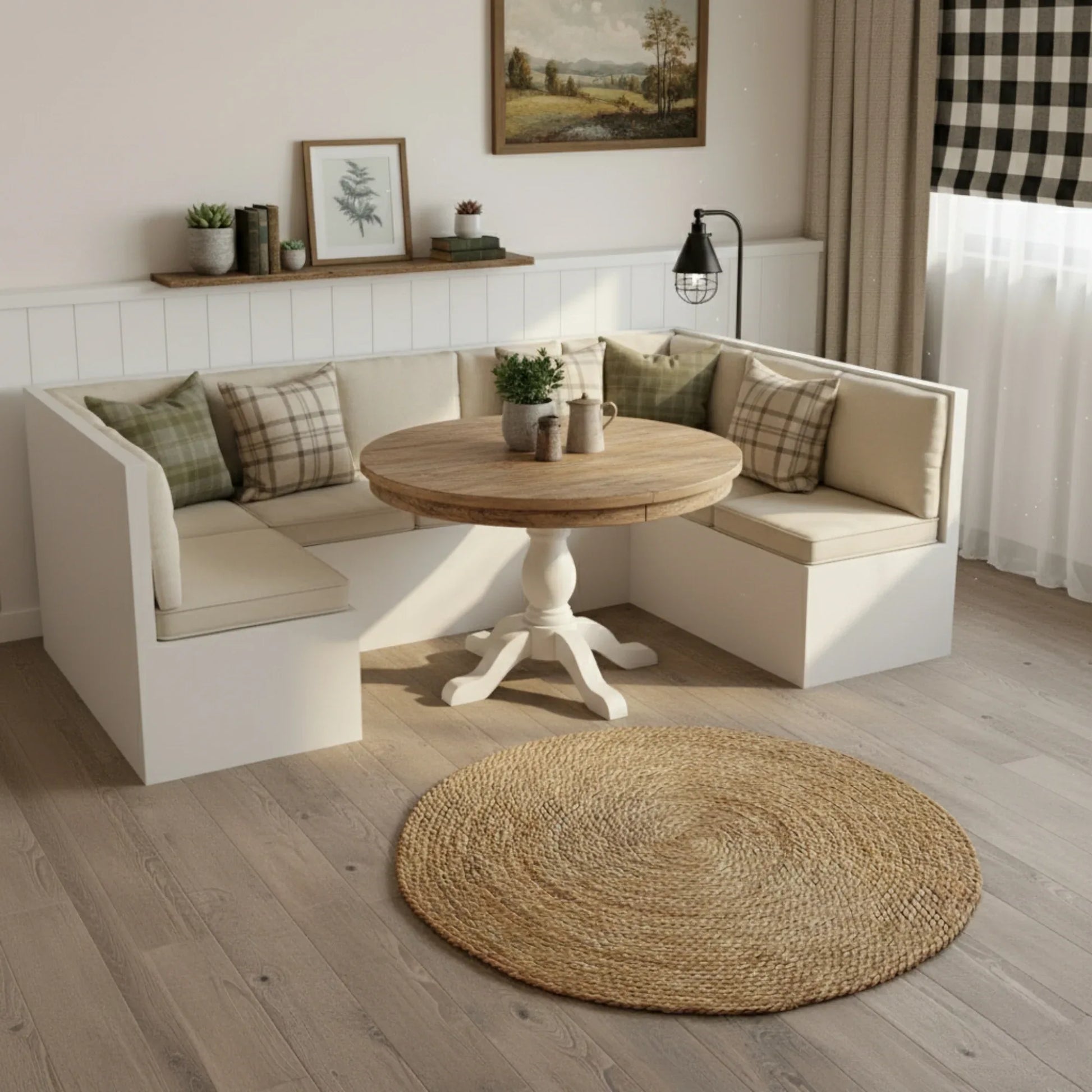 Modern living room with a white sectional sofa, wooden table, and decorative elements.