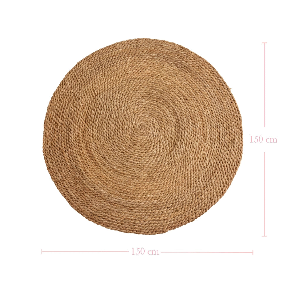 Round woven mat with dimensions on a white background