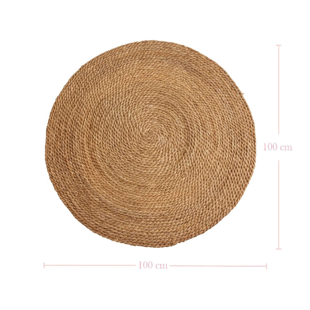 Round woven mat with dimensions on a white background
