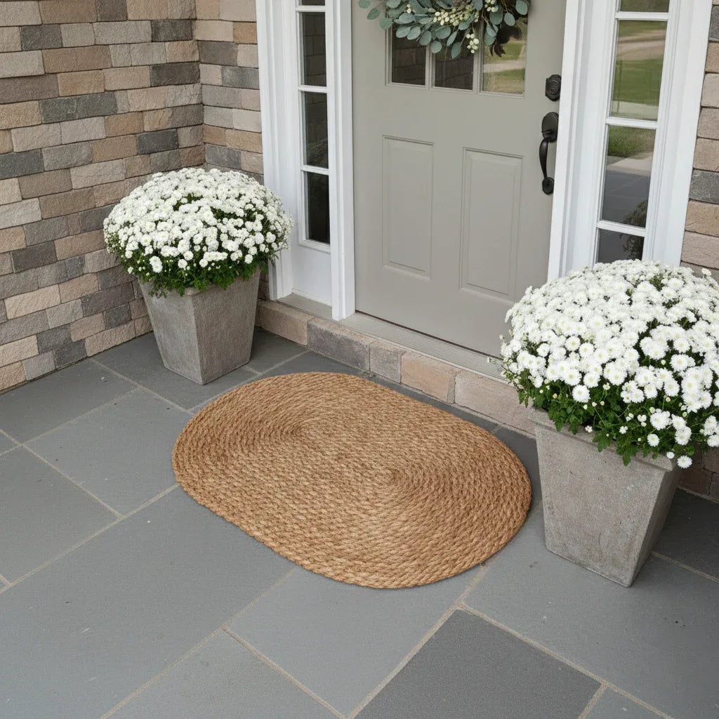 Front door with a woven mat, potted white flowers, and stone wall.