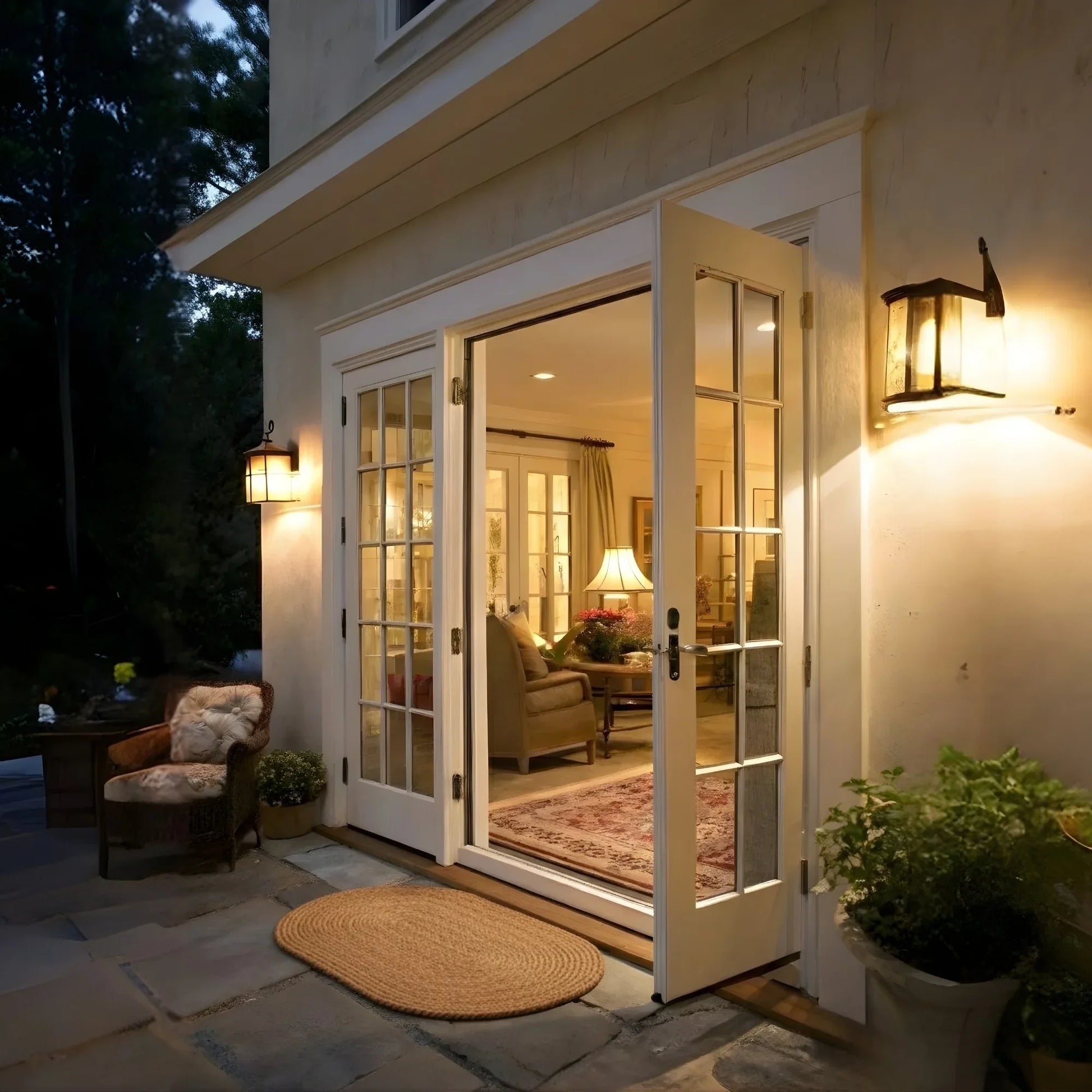 Open French doors leading from a patio to a well-lit indoor living room at night.